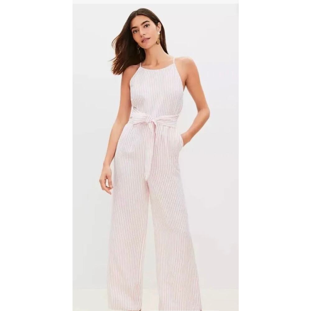 LOFT Petite Linen Blend Orange White Stripe Wide Leg Tie Back Jumpsuit 10P